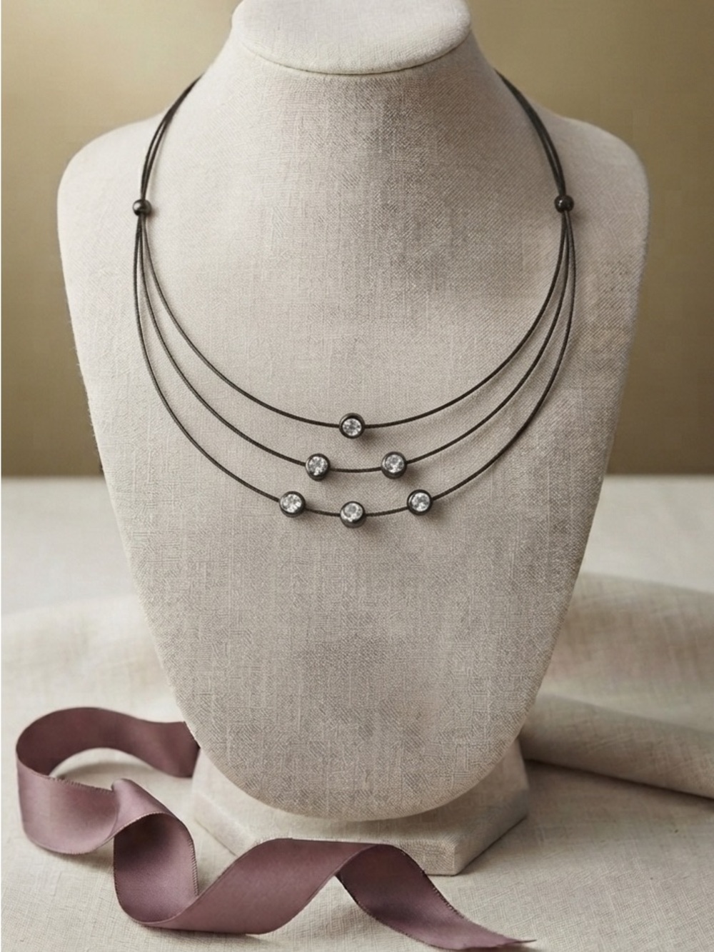 Modern Multi-Strand Gunmetal Cable Choker with Floating Crystals